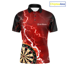 Load image into Gallery viewer, Custom red lightning darts team jersey polo shirt for men, personalized dart shirt with bold lightning graphics for darts league players.