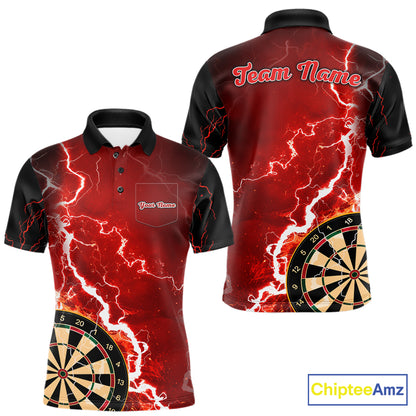 Custom red lightning darts team jersey polo shirt with left chest pocket for men, personalized lightning dart league shirt.