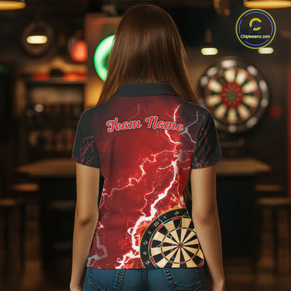 Woman wearing custom red lightning darts polo shirt back view.