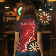 Load image into Gallery viewer, Woman wearing custom red lightning darts polo shirt back view.