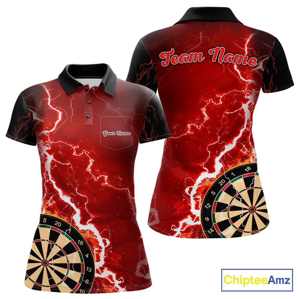 Custom red lightning darts team jersey polo shirt with left chest pocket for women, personalized lightning dart league shirt.