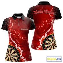 Load image into Gallery viewer, Custom red lightning darts team jersey polo shirt for women, personalized dart shirt with bold lightning graphics for darts league players.