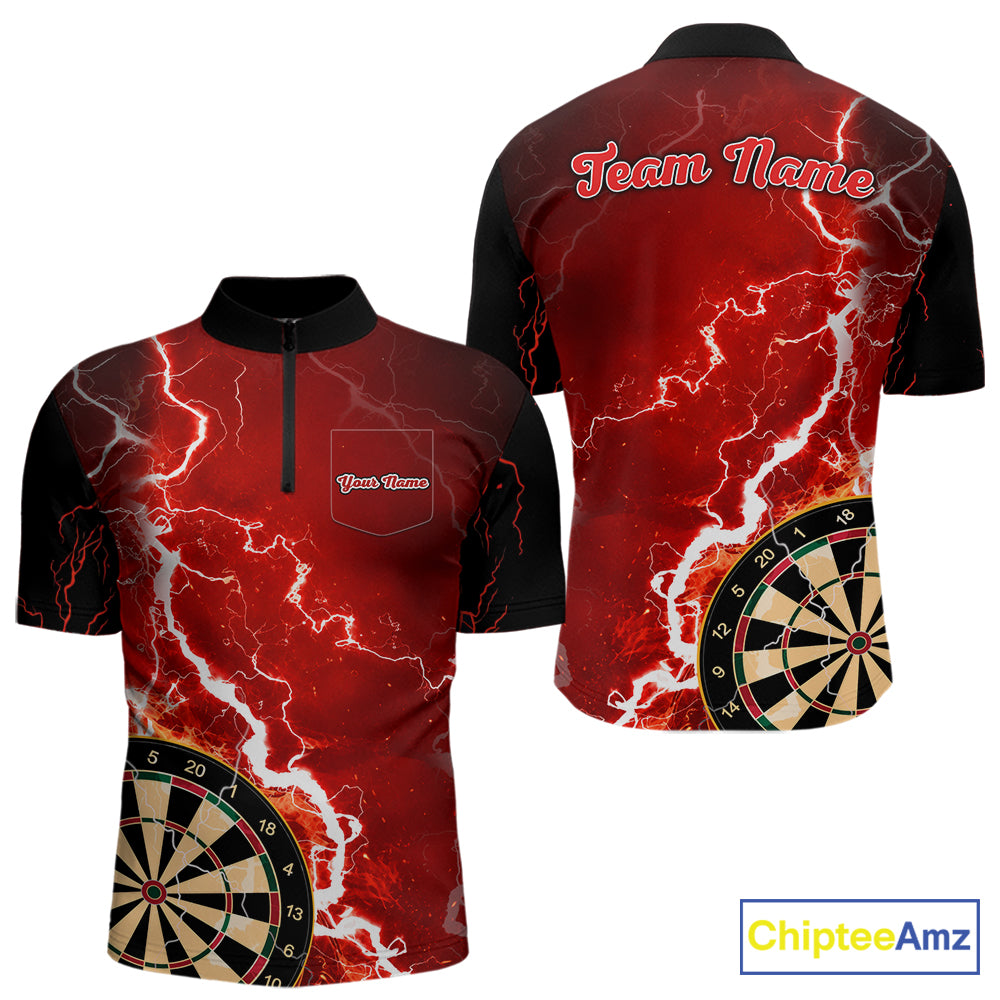Custom red lightning darts team quarter zip shirt for men with bold lightning graphics and personalized darts jersey design.