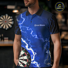 Load image into Gallery viewer, Man wearing custom blue lightning darts polo shirt front view.