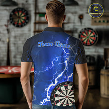 Load image into Gallery viewer, Man wearing custom blue lightning darts polo shirt back view.