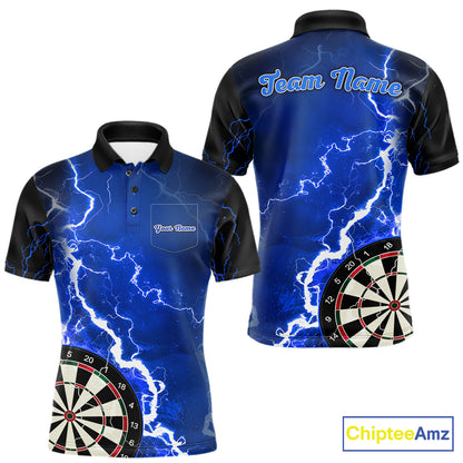 Custom blue lightning darts team jersey polo shirt with left chest pocket for men, personalized lightning dart league shirt.