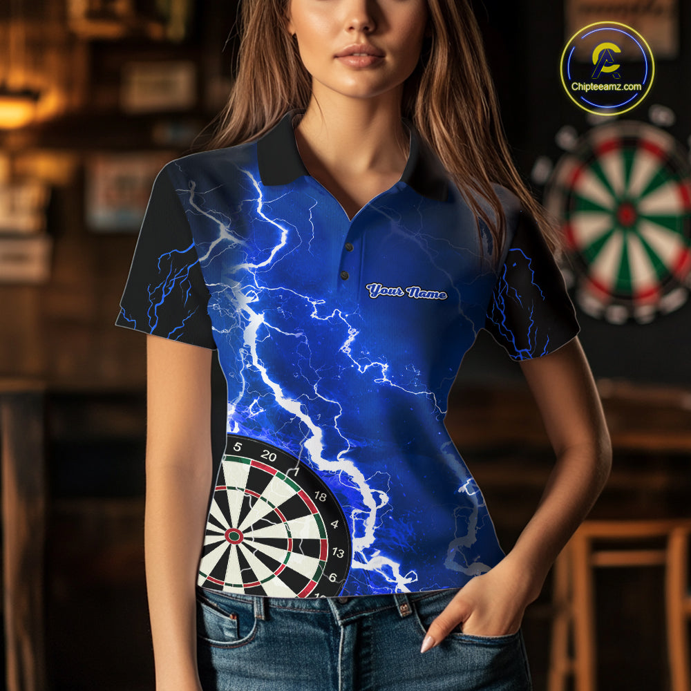 Woman wearing custom blue lightning darts polo shirt front view.