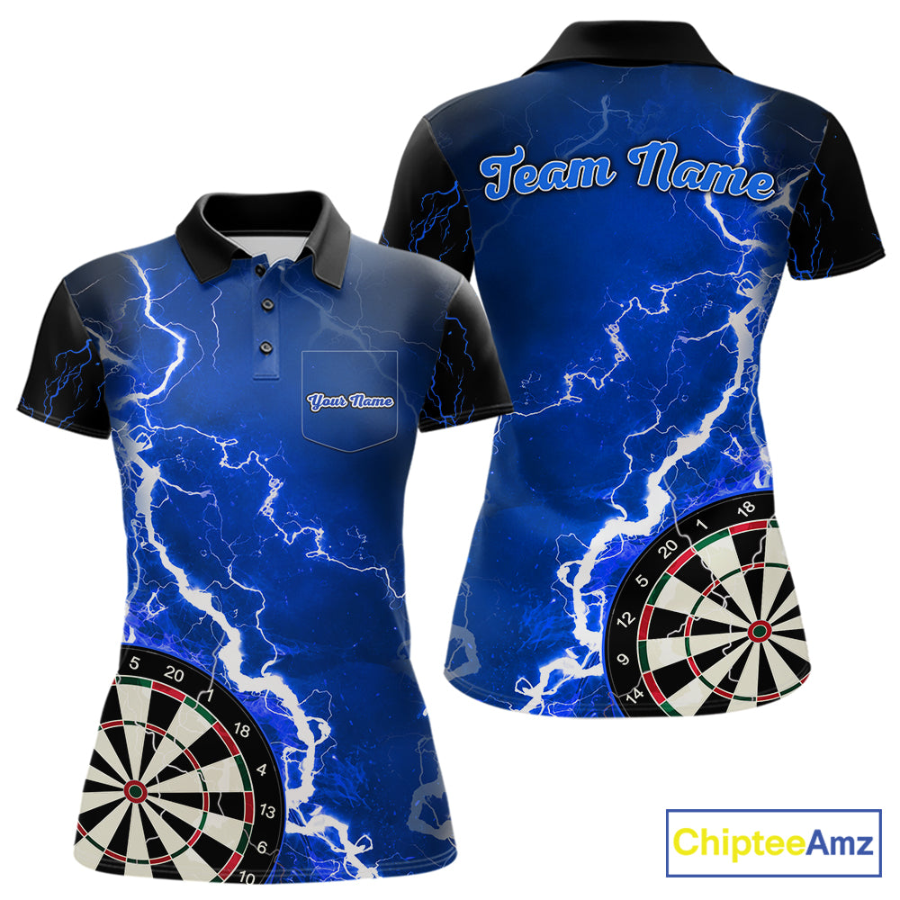 Custom blue lightning darts team jersey polo shirt with left chest pocket for women, personalized lightning dart league shirt.