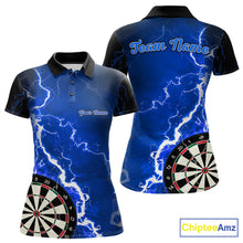 Load image into Gallery viewer, Custom blue lightning darts team jersey polo shirt for women, personalized dart shirt with electric lightning graphics for darts league players.