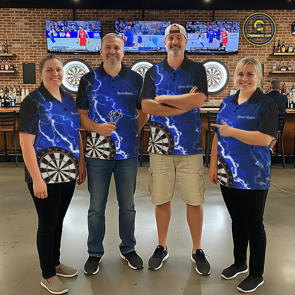 Darts team wearing matching blue lightning darts jerseys front view.