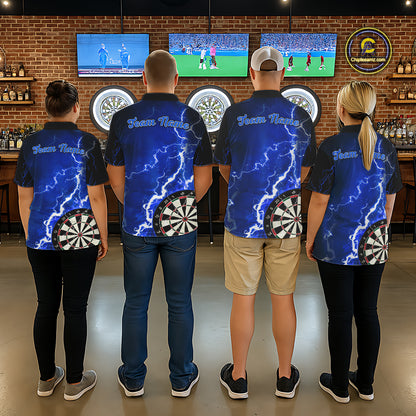 Darts team wearing matching blue lightning darts jerseys back view.