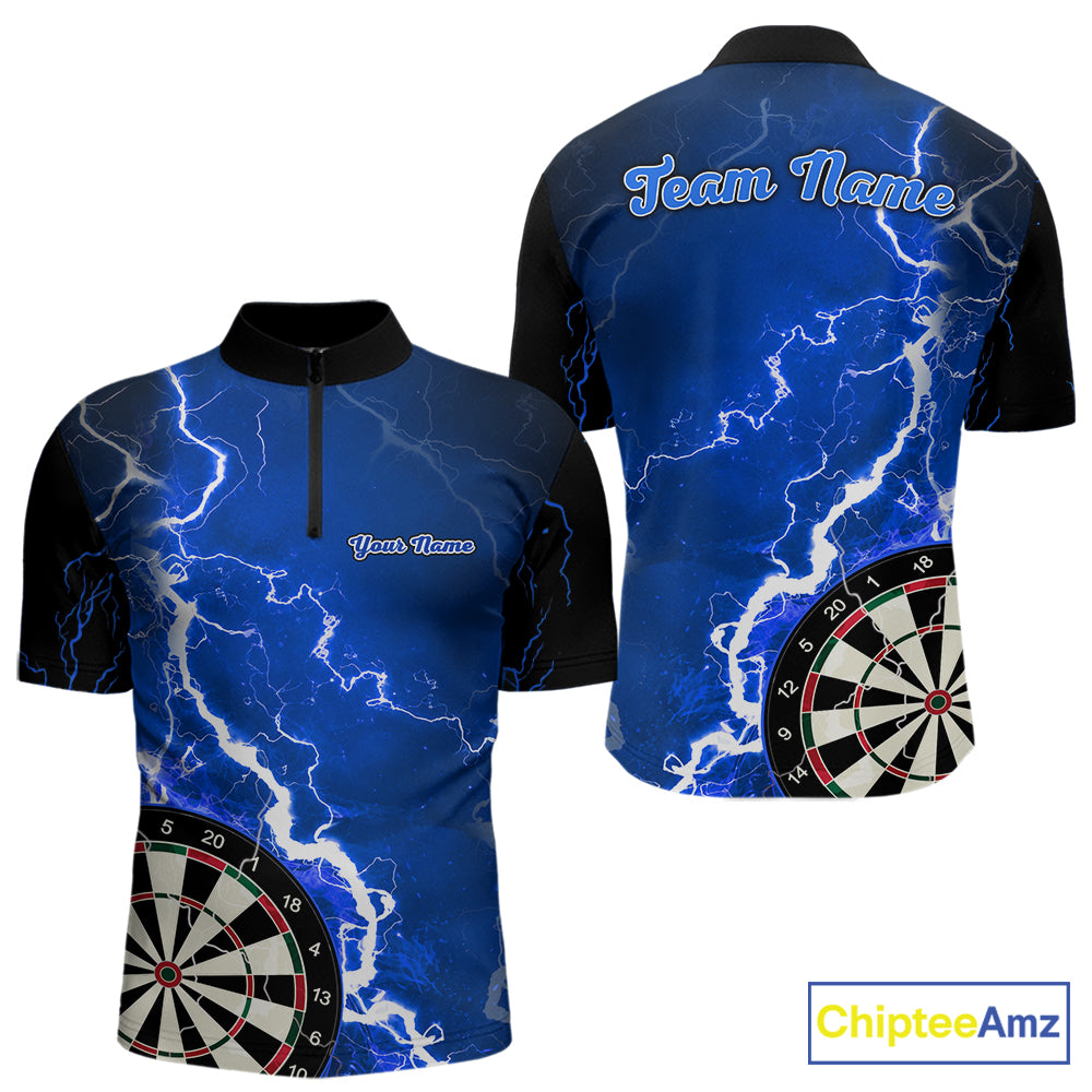 Custom blue lightning darts team quarter zip shirt for men with electric lightning graphics and personalized darts jersey design.