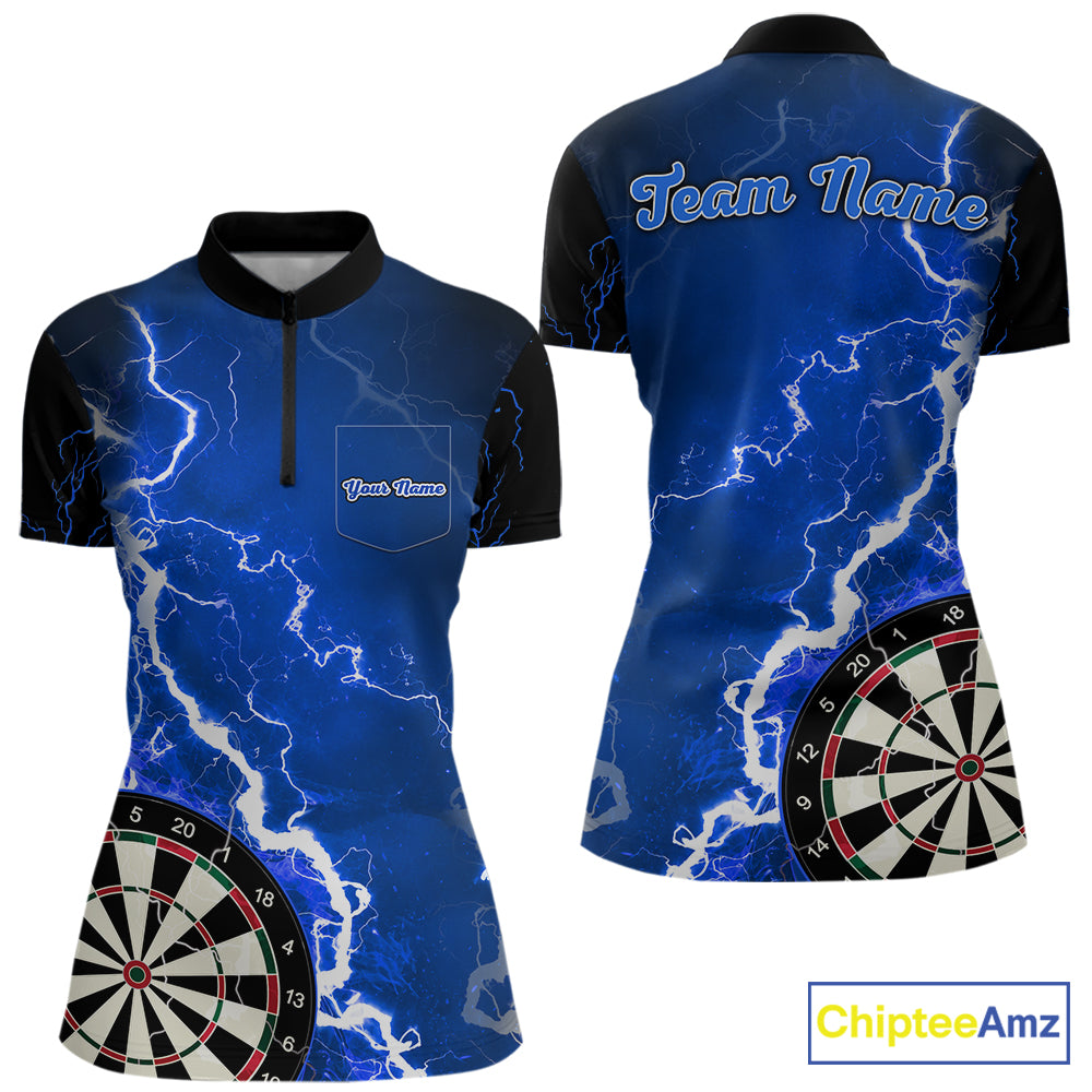 Custom blue lightning darts quarter zip shirt with left chest pocket for women, personalized darts team jersey.