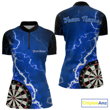 Load image into Gallery viewer, Custom blue lightning darts team quarter zip shirt for women with electric lightning graphics and personalized darts jersey design.