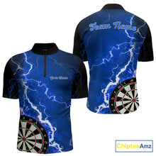 Load image into Gallery viewer, Custom blue lightning darts team quarter zip shirt for men with electric lightning graphics and personalized darts jersey design.