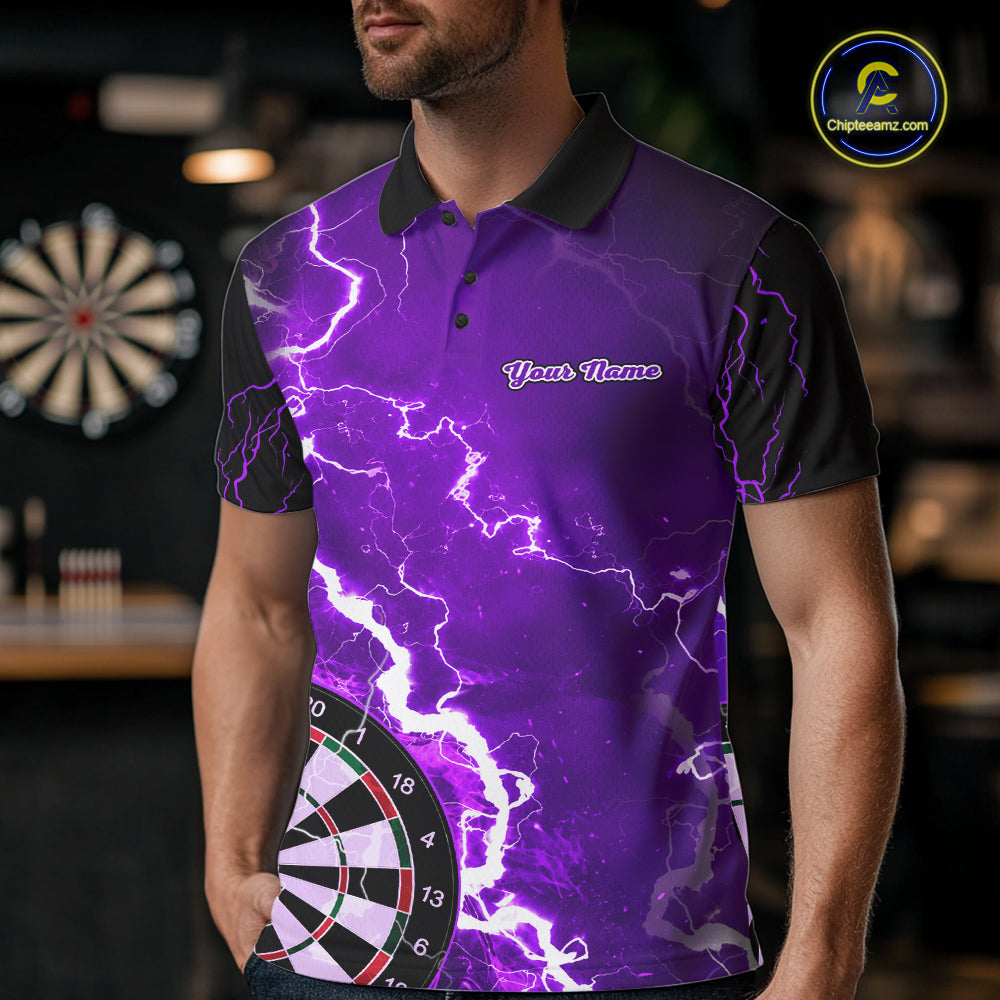 Man wearing custom purple lightning darts polo shirt front view.