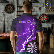 Load image into Gallery viewer, Man wearing custom purple lightning darts polo shirt back view.