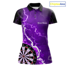 Load image into Gallery viewer, Custom purple lightning darts team jersey polo shirt for women, personalized dart shirt with bold lightning design for darts league players.