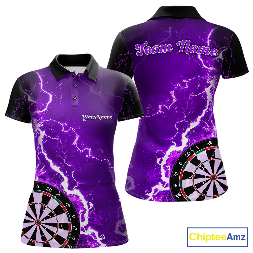 Custom purple lightning darts team jersey polo shirt for women, personalized dart shirt with bold lightning design for darts league players.
