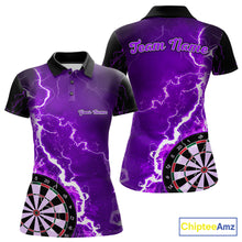 Load image into Gallery viewer, Custom purple lightning darts team jersey polo shirt for women, personalized dart shirt with bold lightning design for darts league players.