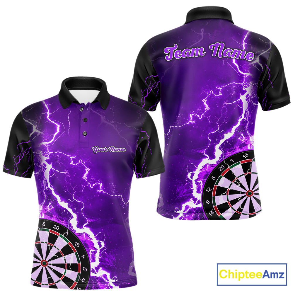 Custom purple lightning darts team jersey polo shirt for men, personalized dart shirt with bold lightning design for darts league players.