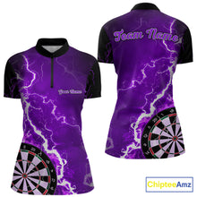 Load image into Gallery viewer, Custom purple lightning darts team quarter zip shirt for women with bold lightning graphics and personalized darts jersey design.