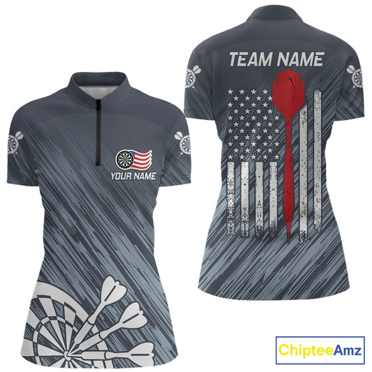 American Flag Grey Grunge Darts Shirt For Women Custom Patriotic Darts Jersey Team Polo & 1/4 Zip TDM5385