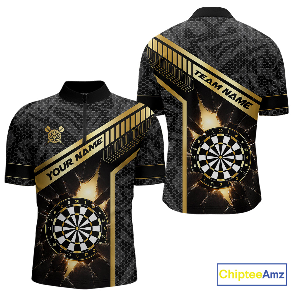 Black And Gold Break Glass Darts Shirt For Men Custom Darts Jersey Team Polo & Quarter Zip Shirt TDM6255
