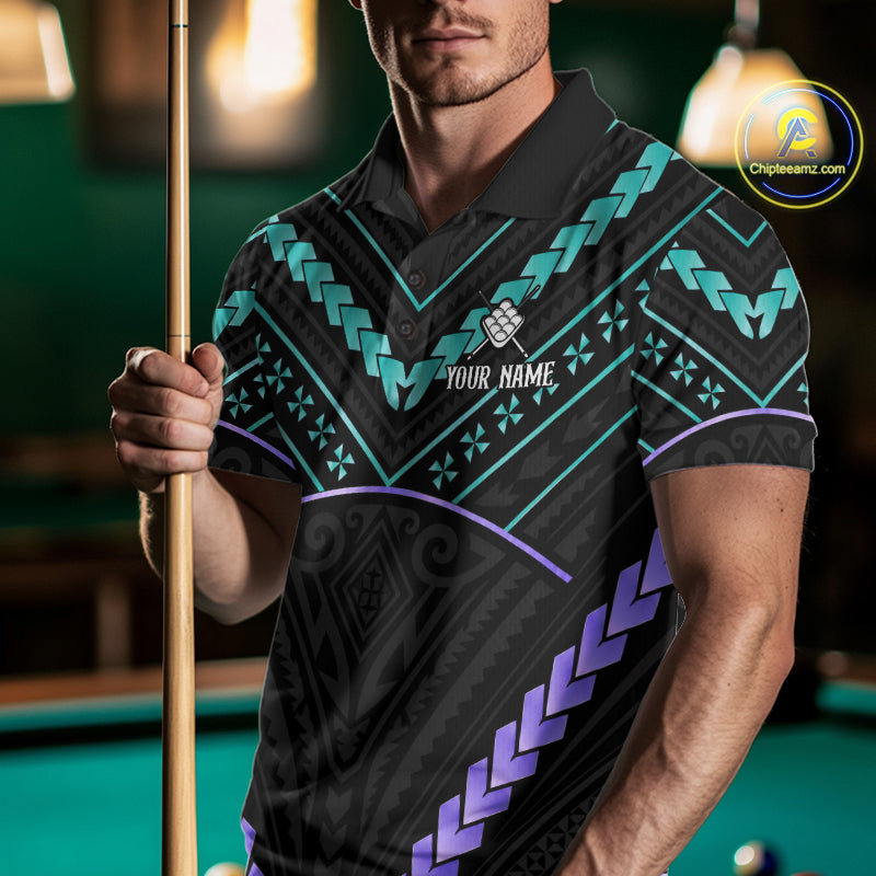 Man wearing custom teal and purple tribal 9 ball pool billiard polo shirt front view.