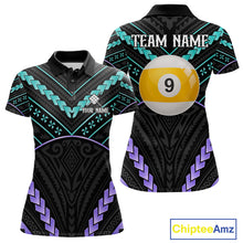 Load image into Gallery viewer, Custom teal and purple tribal 9 ball pool billiard team jersey polo shirt for women, personalized pool league apparel and tournament jersey.
