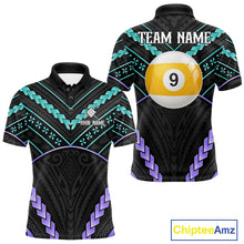 Load image into Gallery viewer, Custom teal and purple tribal 9 ball pool billiard team jersey polo shirt for men, personalized pool league apparel and tournament jersey.