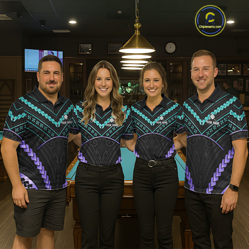 Billiard team wearing matching teal and purple tribal 9 ball pool jerseys front view.