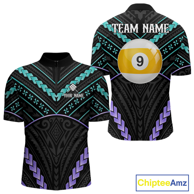 Custom teal and purple tribal 9 ball pool billiard quarter zip shirt for men, personalized billiard team jersey.