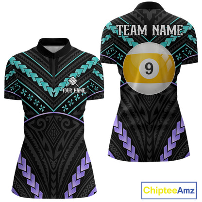Custom teal and purple tribal 9 ball pool billiard quarter zip shirt for women, personalized billiard team jersey.
