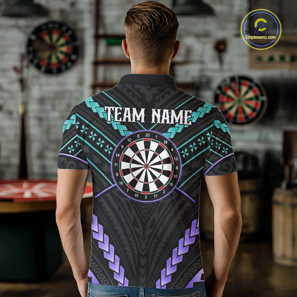Man wearing custom teal and purple tribal dartboard darts polo shirt back view.