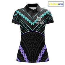 Load image into Gallery viewer, Custom teal and purple tribal dartboard darts team jersey polo shirt for women, personalized darts league apparel and tournament jersey.