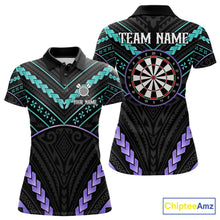 Load image into Gallery viewer, Custom teal and purple tribal dartboard darts team jersey polo shirt for women, personalized darts league apparel and tournament jersey.
