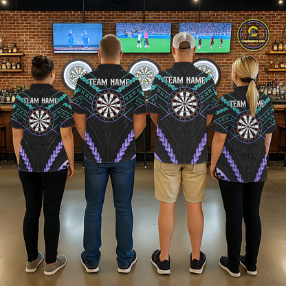 Darts team wearing matching teal and purple tribal dartboard jerseys back view.