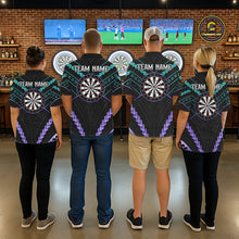 Load image into Gallery viewer, Darts team wearing matching teal and purple tribal dartboard jerseys back view.