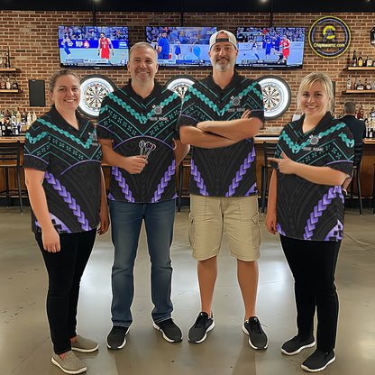 Darts team wearing matching teal and purple tribal dartboard jerseys front view.