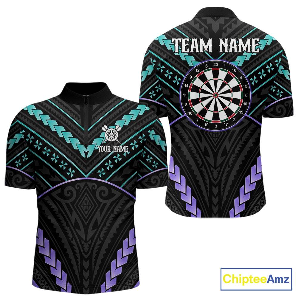 Custom teal and purple tribal dartboard darts quarter zip shirt for men, personalized darts team jersey.