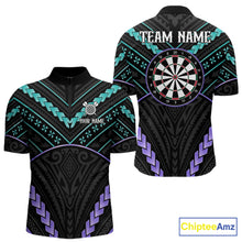 Load image into Gallery viewer, Custom teal and purple tribal dartboard darts quarter zip shirt for men, personalized darts team jersey.