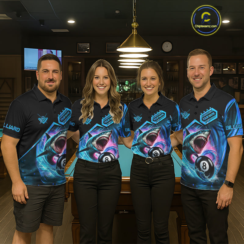 Billiard team wearing matching blue 8 ball pool shark team jerseys, front view.