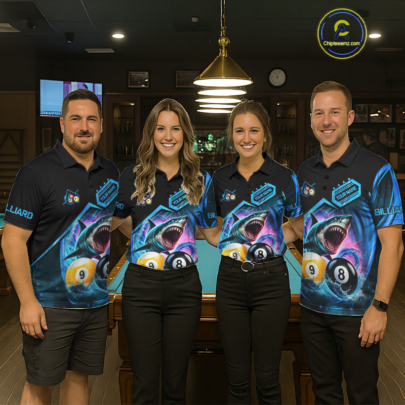 Billiard team wearing matching blue 8 ball and 9 ball pool shark team jerseys, front view.