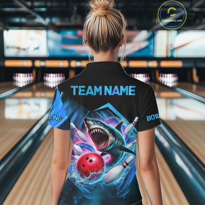 Woman wearing personalized blue glowing shark bowling team jersey polo shirt featuring glowing shark artwork, back view.