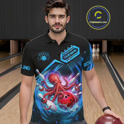 Man wearing personalized blue glowing octopus bowling team jersey polo shirt featuring glowing octopus artwork, front view.