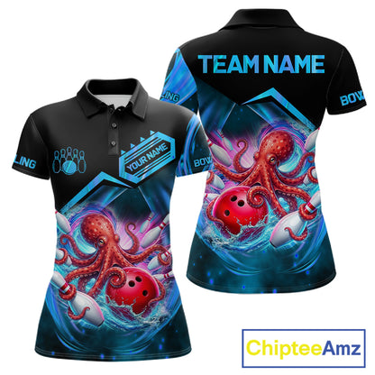 Personalized blue glowing octopus bowling team jersey polo shirt for women featuring a glowing octopus design, premium custom bowling league team apparel for tournaments and team play.