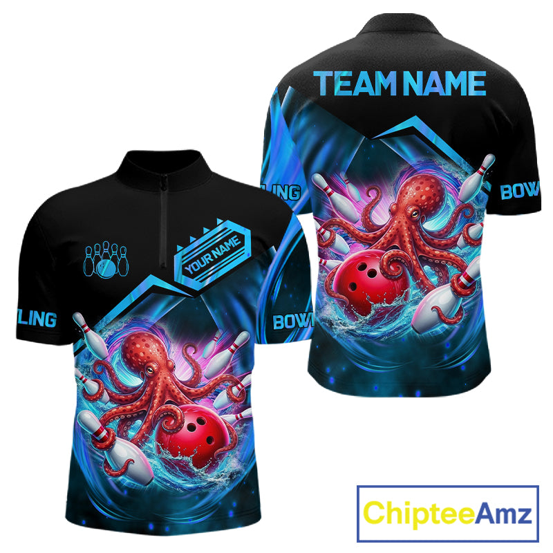 Personalized blue glowing octopus bowling team jersey quarter zip shirt for men featuring vibrant glowing octopus artwork, premium custom bowling apparel.
