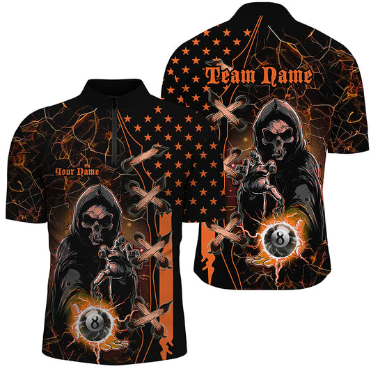 Orange Grim Reaper Lightning US Flag Billiard Shirts For Men,  Halloween Billiard Jerseys TDM2676