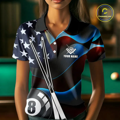 Glowing American Flag 8 Ball Pool Billiard Shirt For Women Custom Patriotic Billiard Team Jersey TDM5658